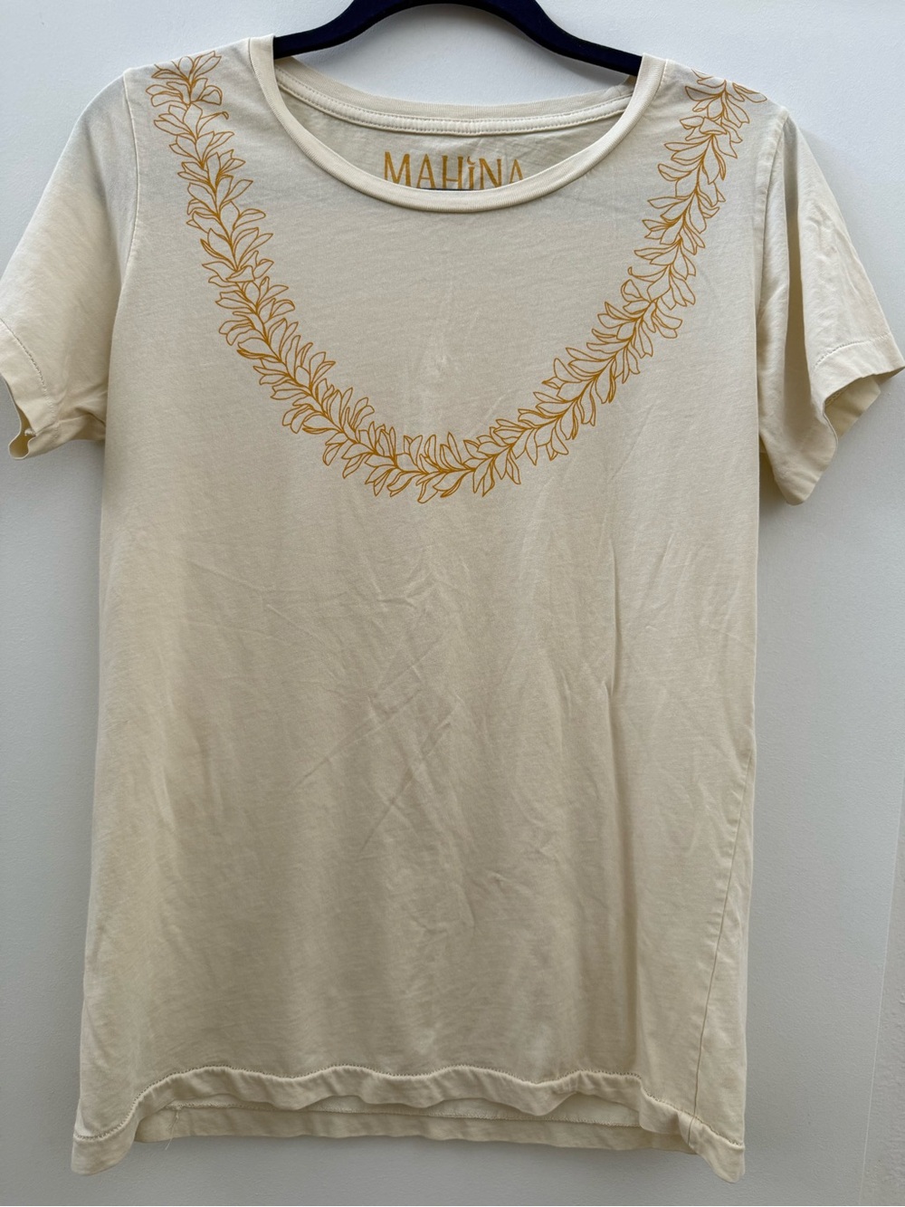 Mahina Made Cream Short Sleeve Tee with Plumeria Lei